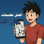 تطبيق قراءة المانغا على الهاتف مع رسومات أنمي وواجهة تطبيق ملونة، مكتوب عليها "أفضل تطبيقات قراءة المانغا على الهاتف"