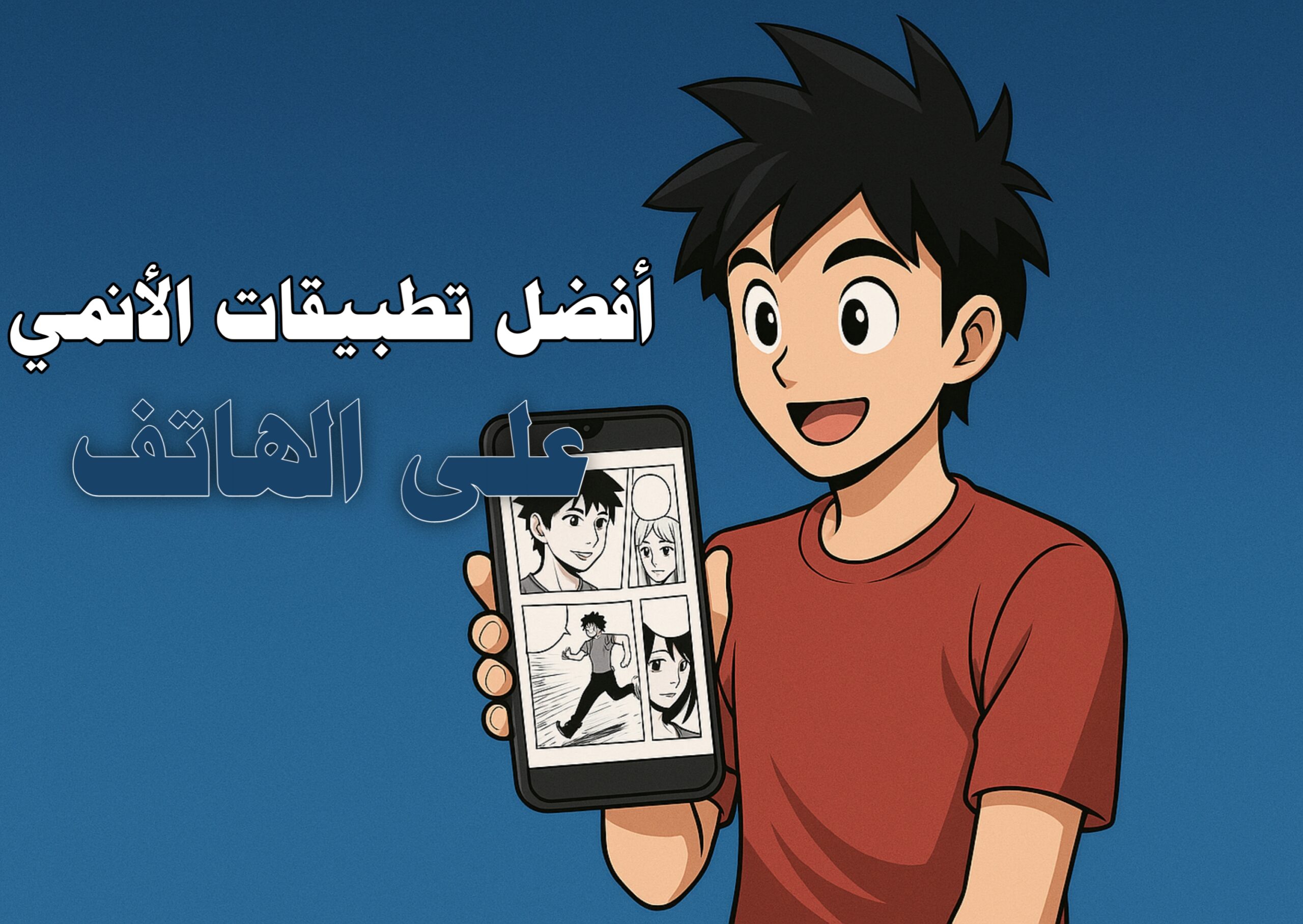 تطبيق قراءة المانغا على الهاتف مع رسومات أنمي وواجهة تطبيق ملونة، مكتوب عليها "أفضل تطبيقات قراءة المانغا على الهاتف"