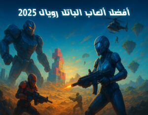 صورة ملحمية تعرض أفضل ألعاب الباتل رويال 2025 مع شخصيات بأزياء مستقبلية، خرائط متنوعة، وروبوتات ميكا في مشهد ديناميكي مليء بالإثارة والتنافسية