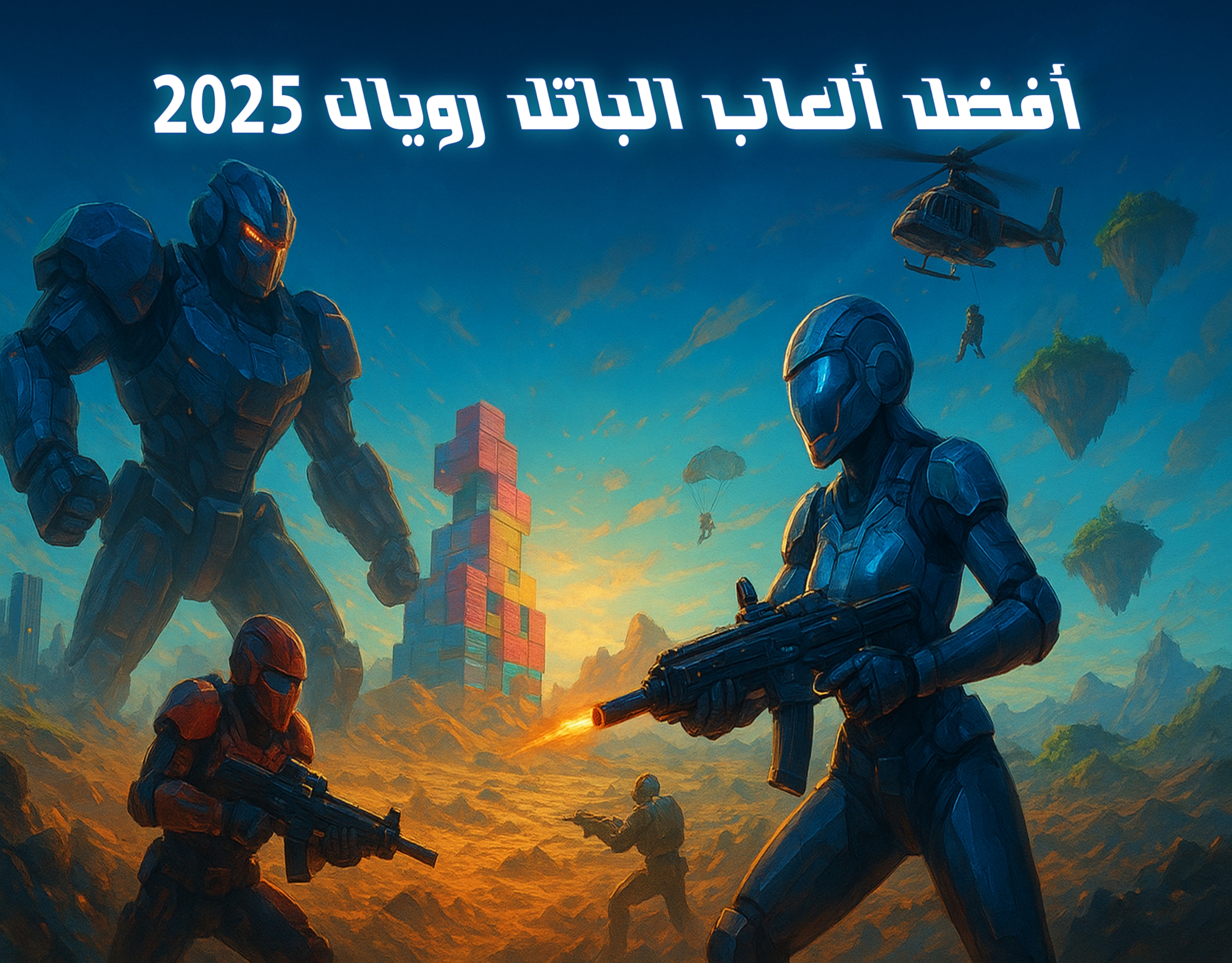 صورة ملحمية تعرض أفضل ألعاب الباتل رويال 2025 مع شخصيات بأزياء مستقبلية، خرائط متنوعة، وروبوتات ميكا في مشهد ديناميكي مليء بالإثارة والتنافسية